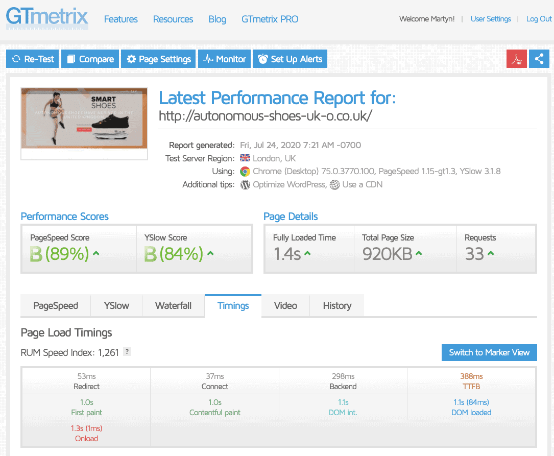 Fasthosts - GTMetrix results