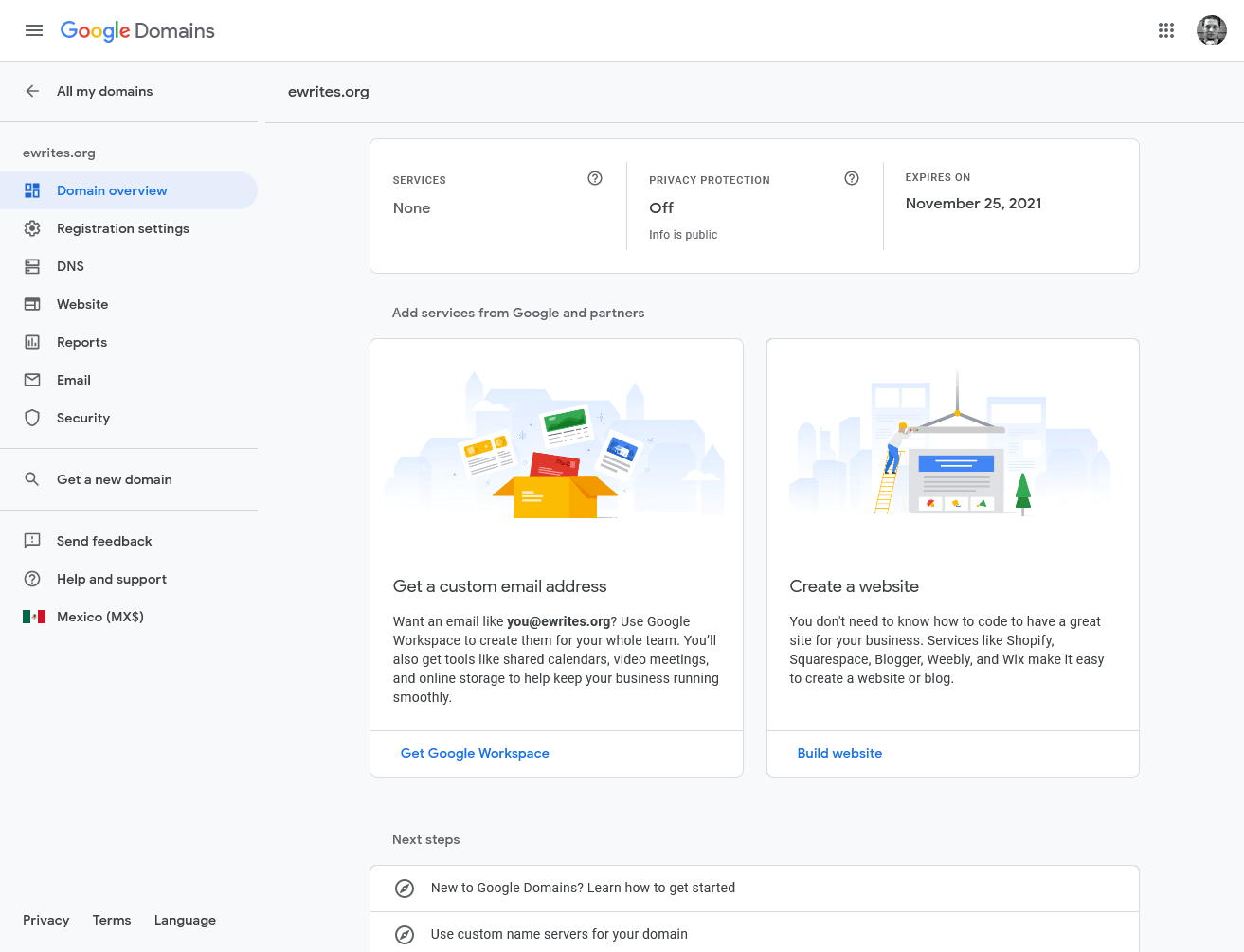 the Google Domains dashboard