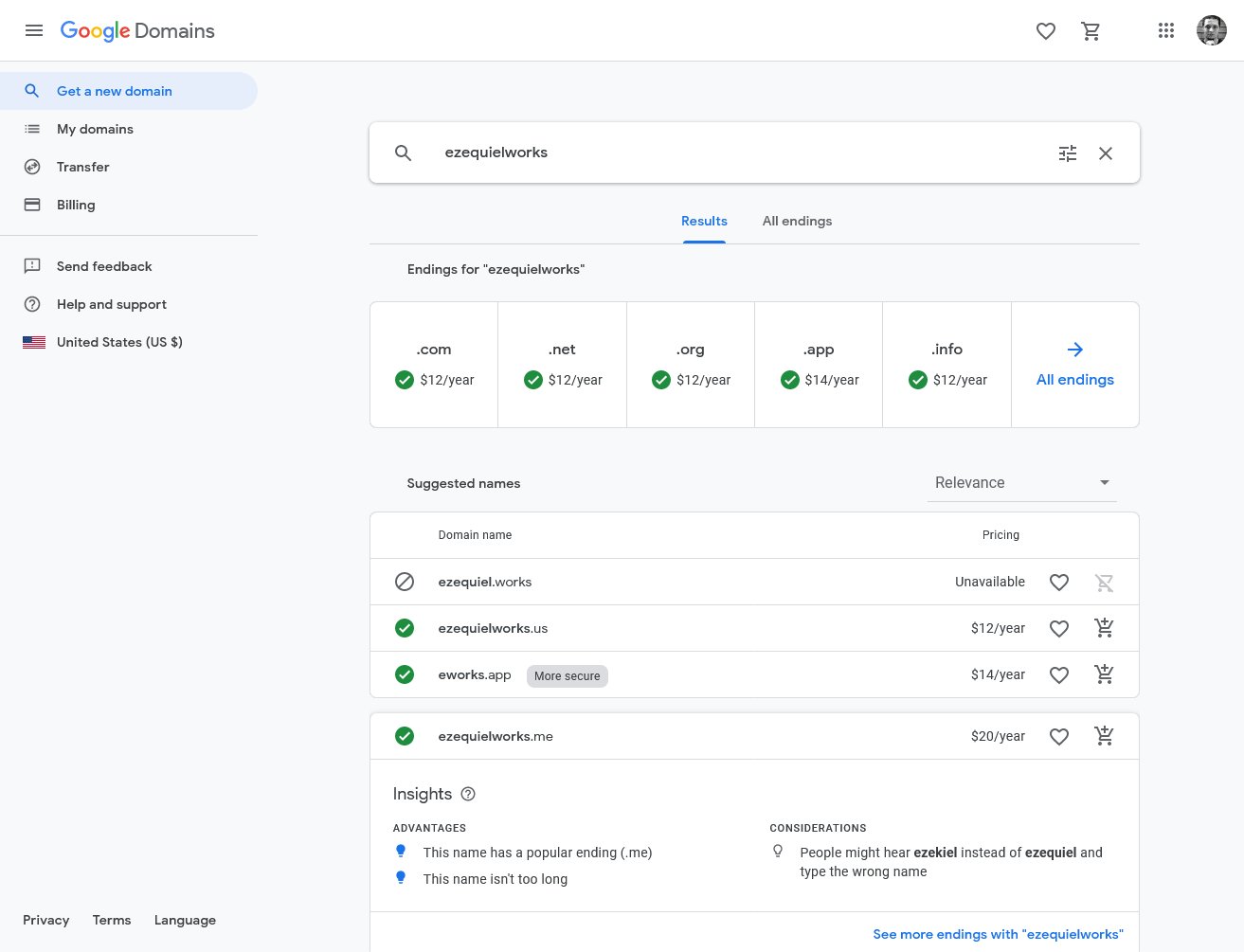 domain search results