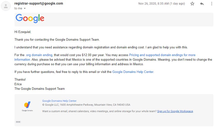 Google domains support email
