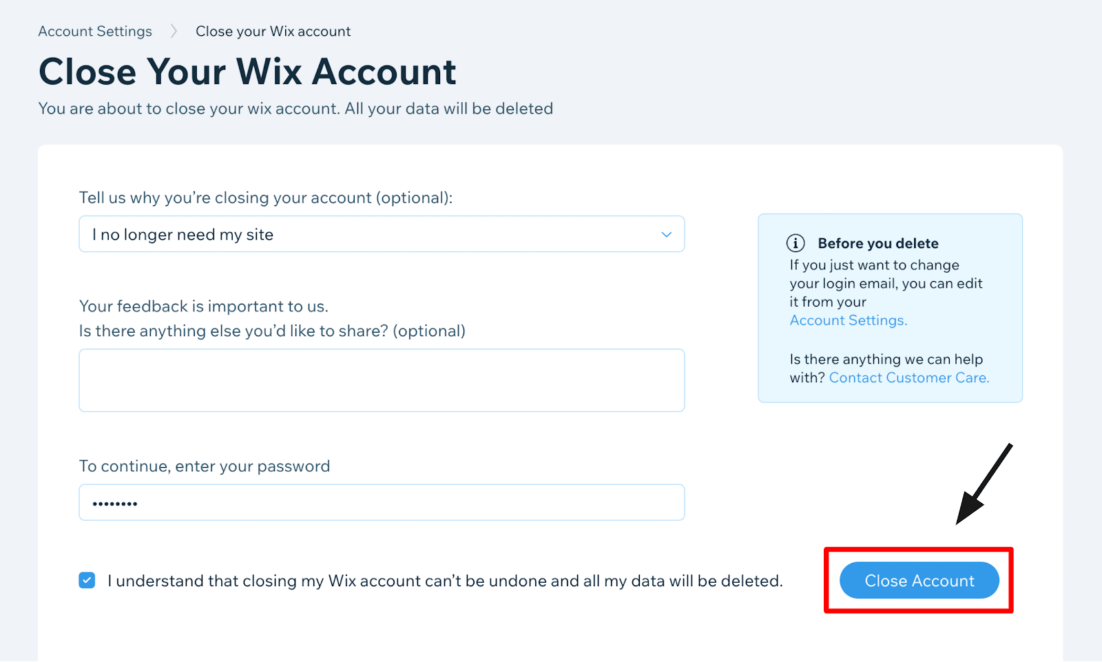 Wix - Close Account