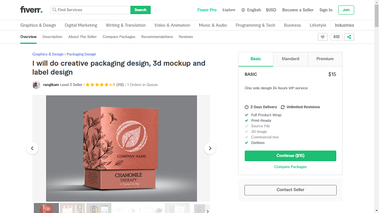 Fiverr screenshot - rangikam package designer gig