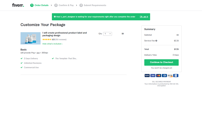 Fiverr screenshot - continue to checkout