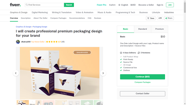 Fiverr screenshot - dhairya333 package designer gig