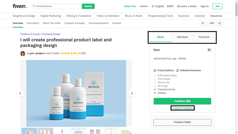 Fiverr screenshot - package tabs and compare packages