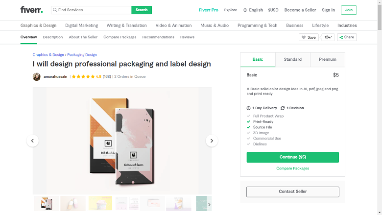 Fiverr screenshot - amarahussain package designer gig