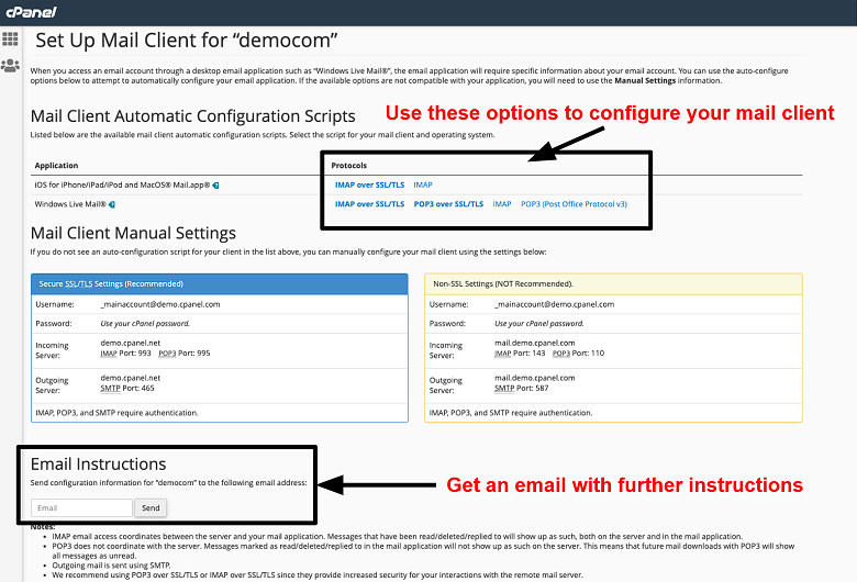 cPanel - email client configuration