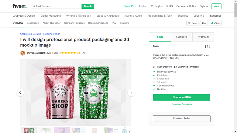 Fiverr screenshot - stevedesigner98 package designer gig