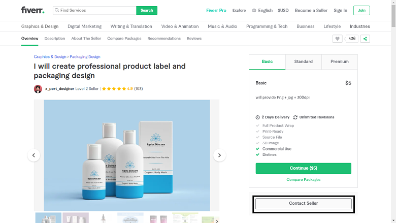 Fiverr screenshot - contact seller button