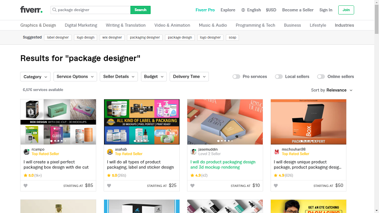 Fiverr screenshot - package designers