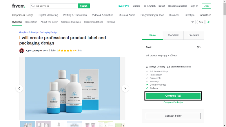 Fiverr screenshot - continue button
