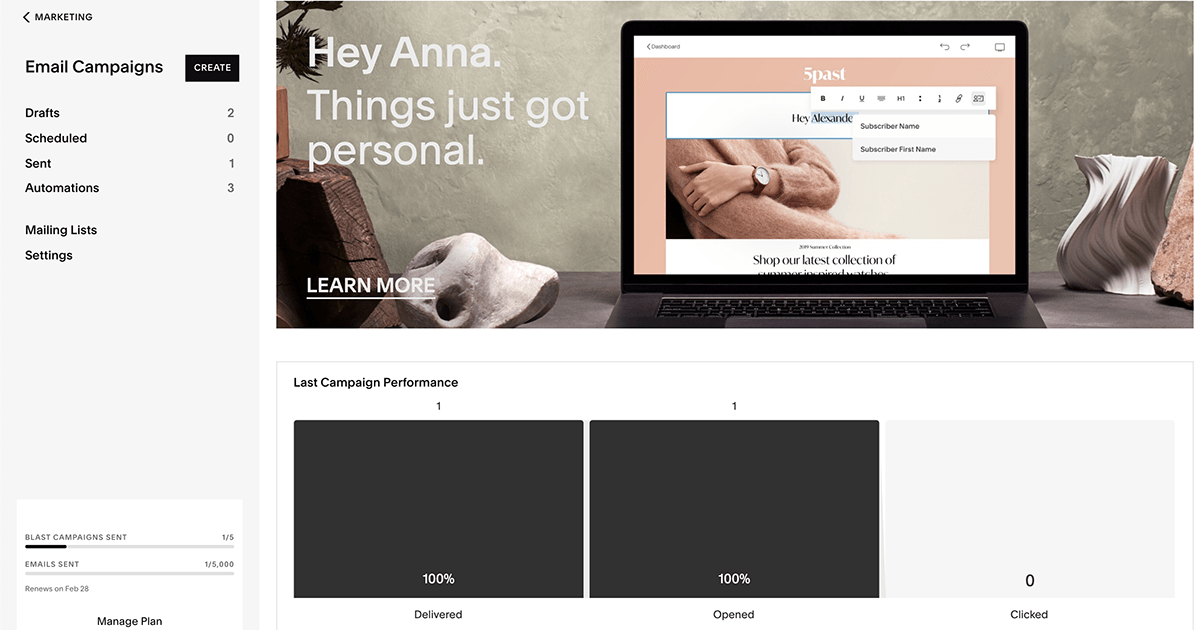 Squarespace Email Campaigns – dashboard