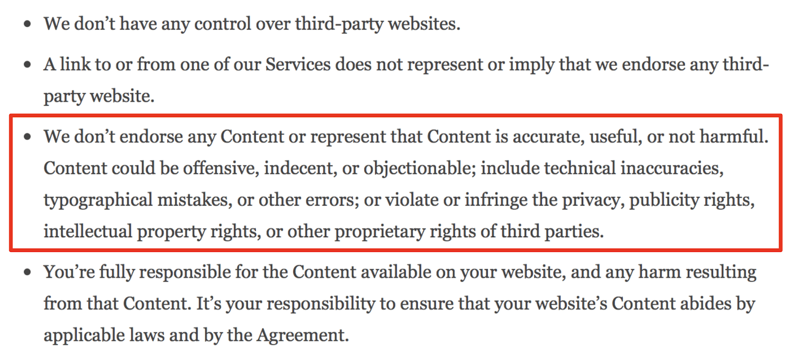 Screenshot from WordPress’ Terms of Service.