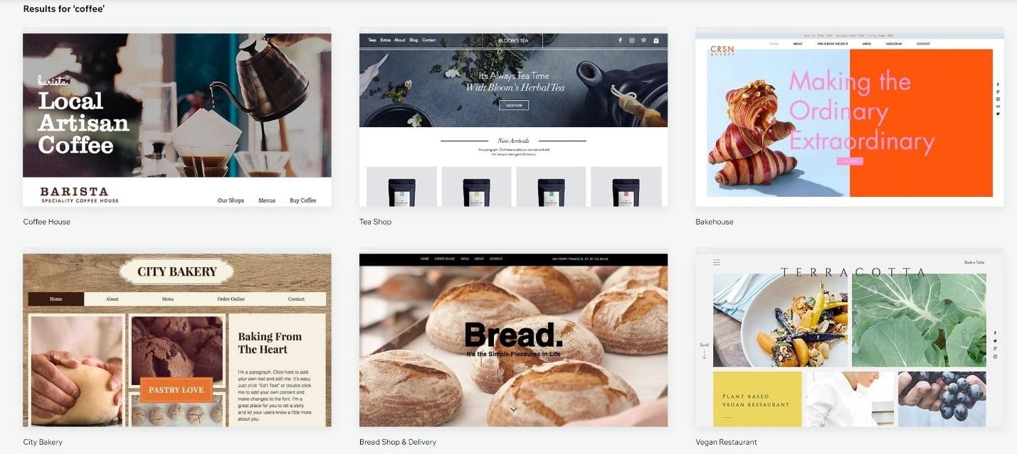 Wix restaurant and bakery templates