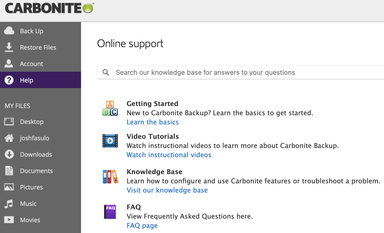 Carbonite online support tools