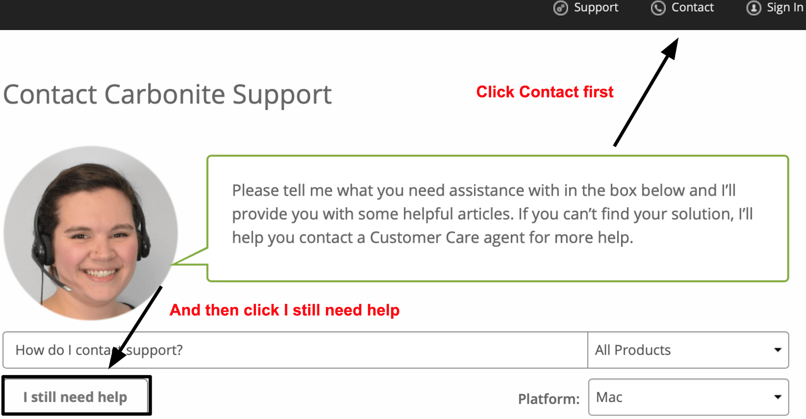 Steps for contacting Carbonite support
