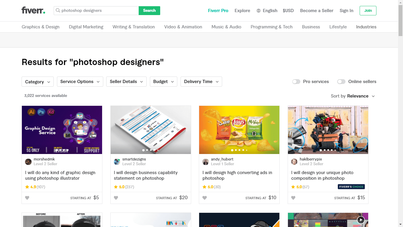 Fiverr screenshot - photoshop designers