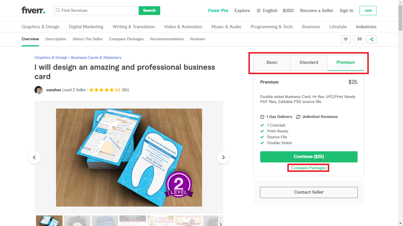 Fiverr screenshot - package tabs and compare packages button