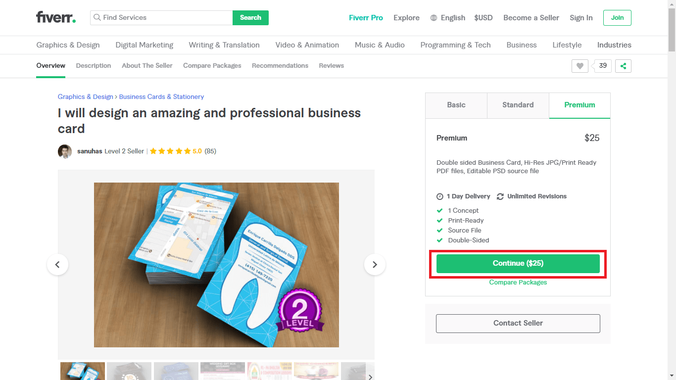 Fiverr screenshot - continue button