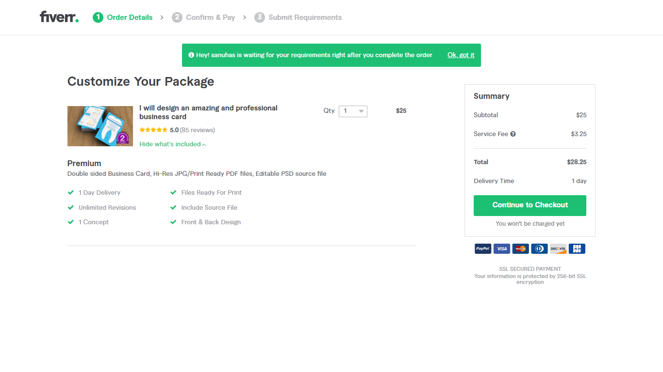 Fiverr screenshot - continue to checkout