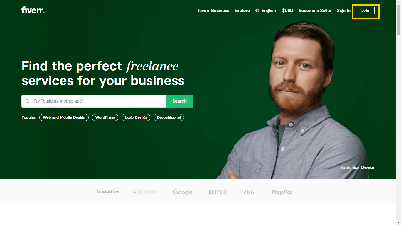 Fiverr screenshot - homepage join button