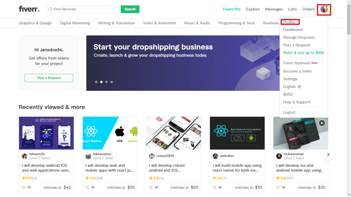 Fiverr screenshot - seller main page