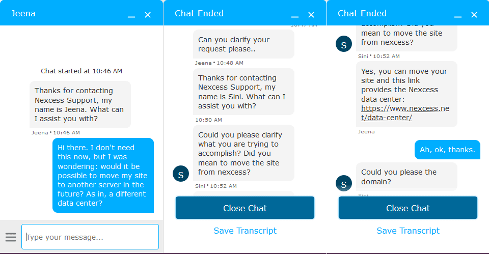 my live chat conversation with Nexcess support
