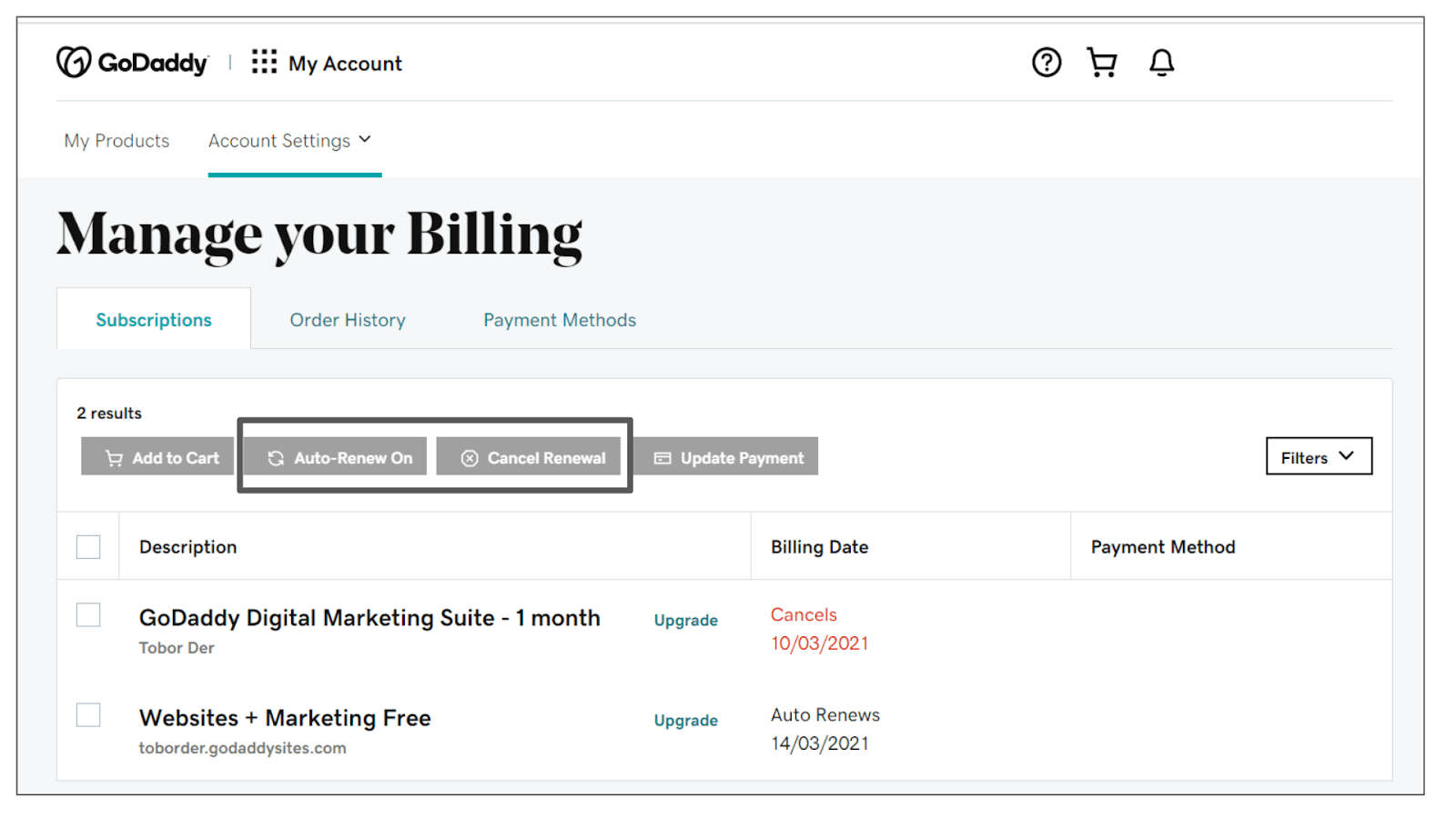 GoDaddy Manage your Billing page.