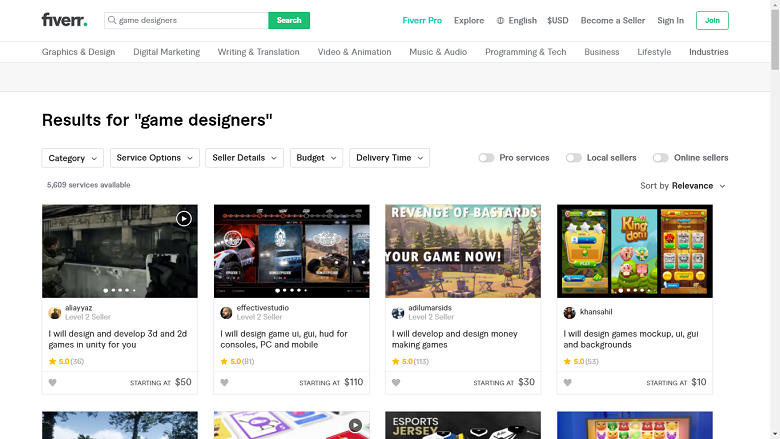 Fiverr screenshot - game designers