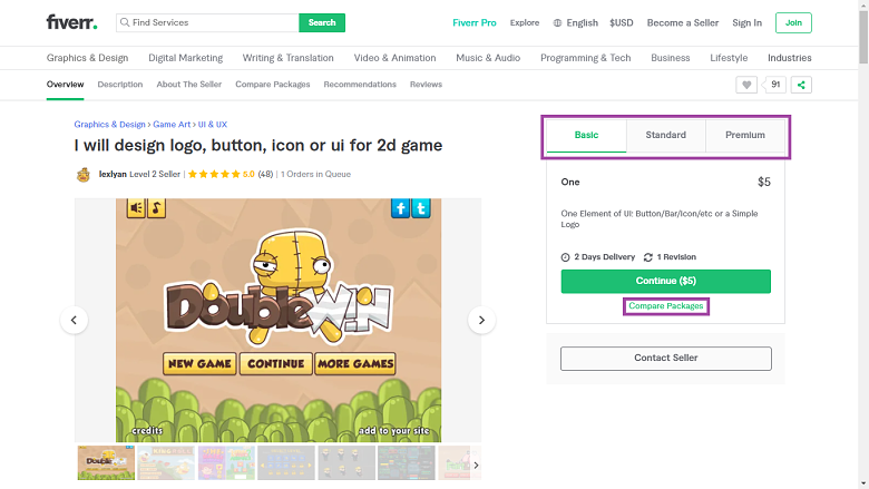 Fiverr screenshot - package tabs and compare packages button