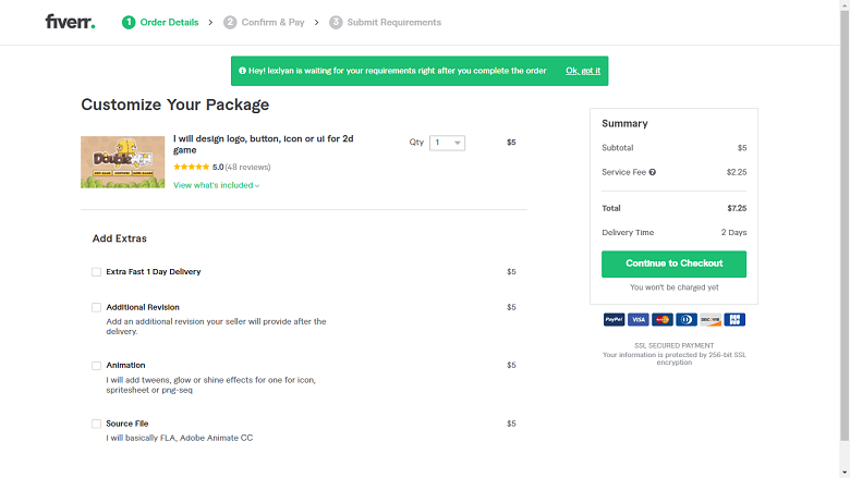 Fiverr screenshot - continue to checkout