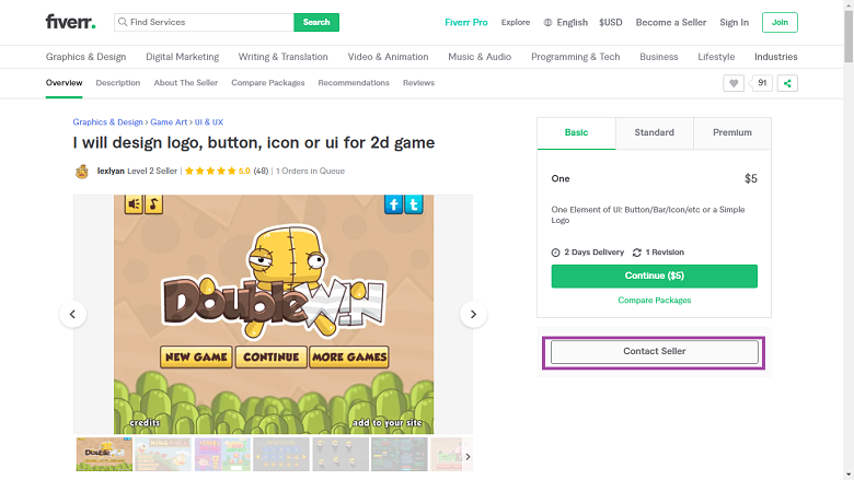 Fiverr screenshot - contact seller button