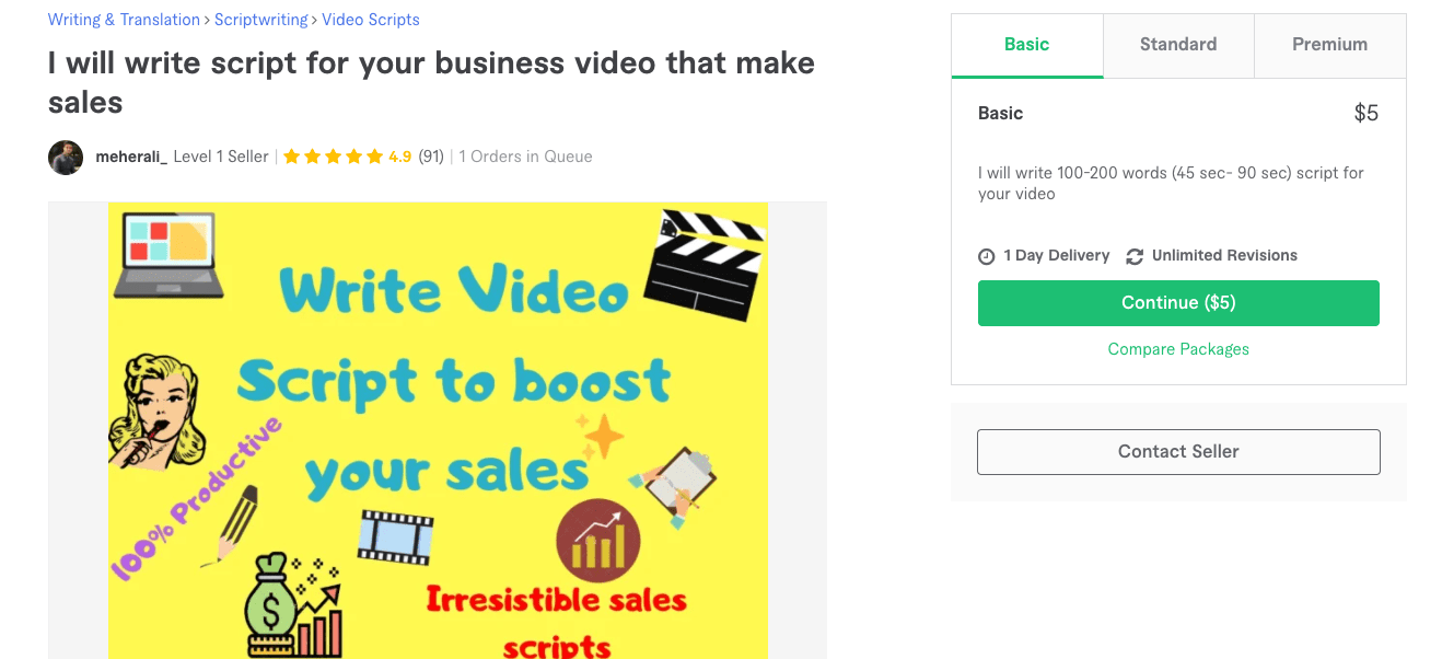 Fiverr screenshot - Package overview of a business script writer gig