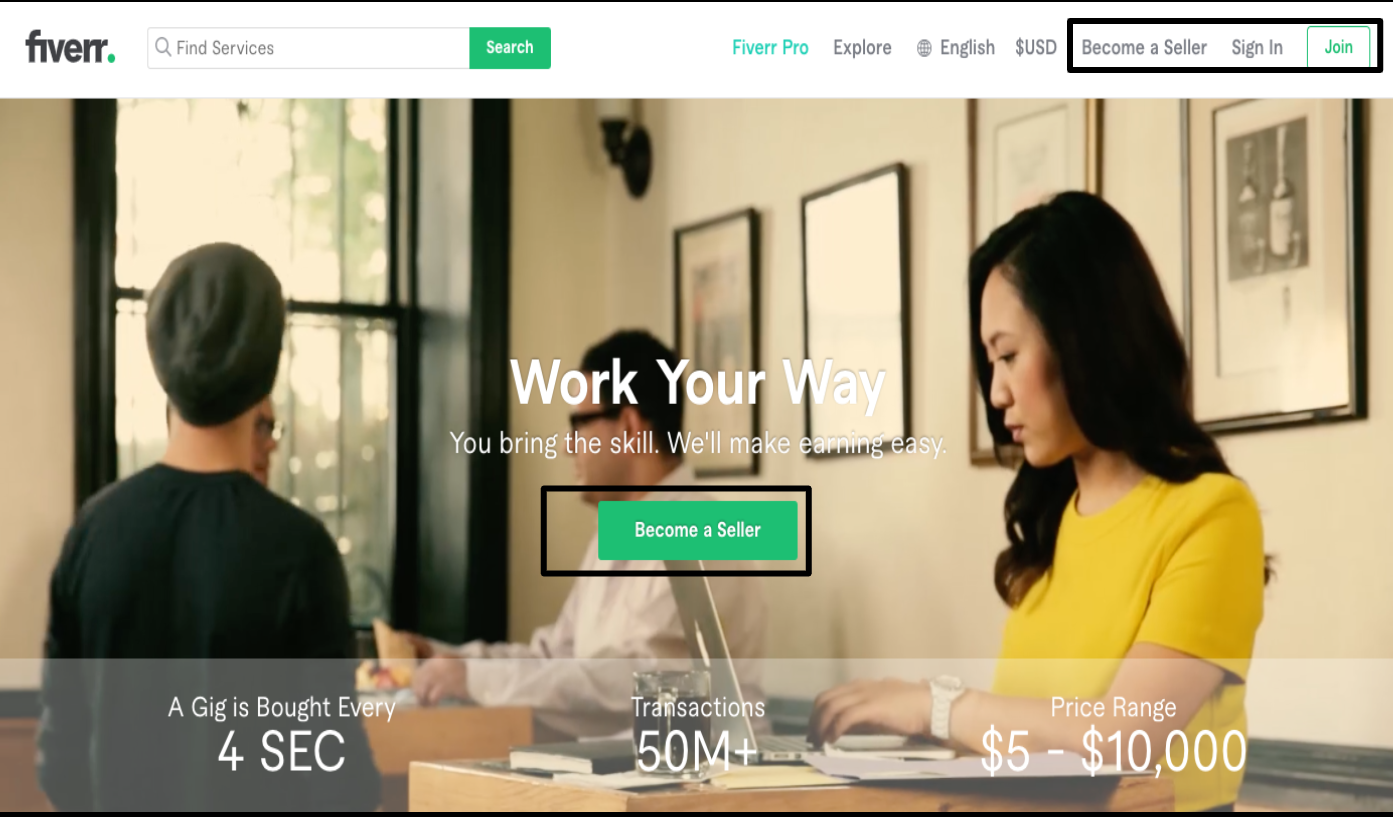 Fiverr homepage - 'Become a Seller' button