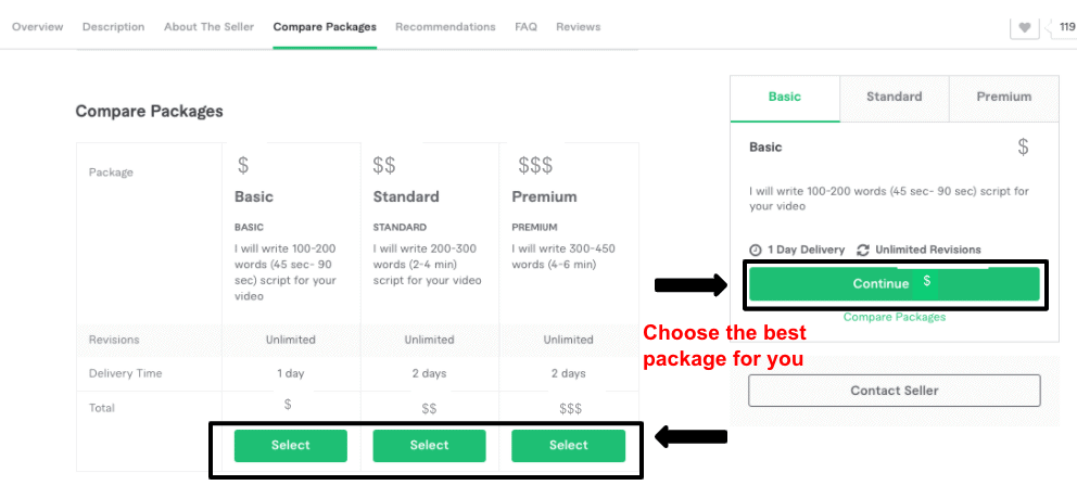 Fiverr screenshot - how to compare packages