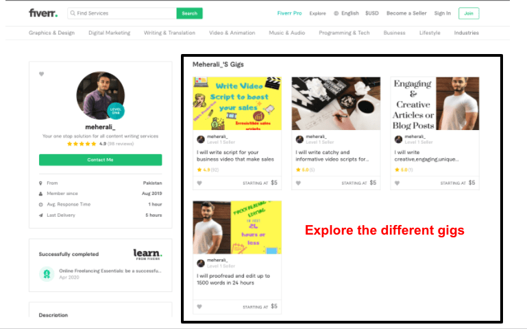 Fiverr screenshot - Seller's profile page with multiple gigs