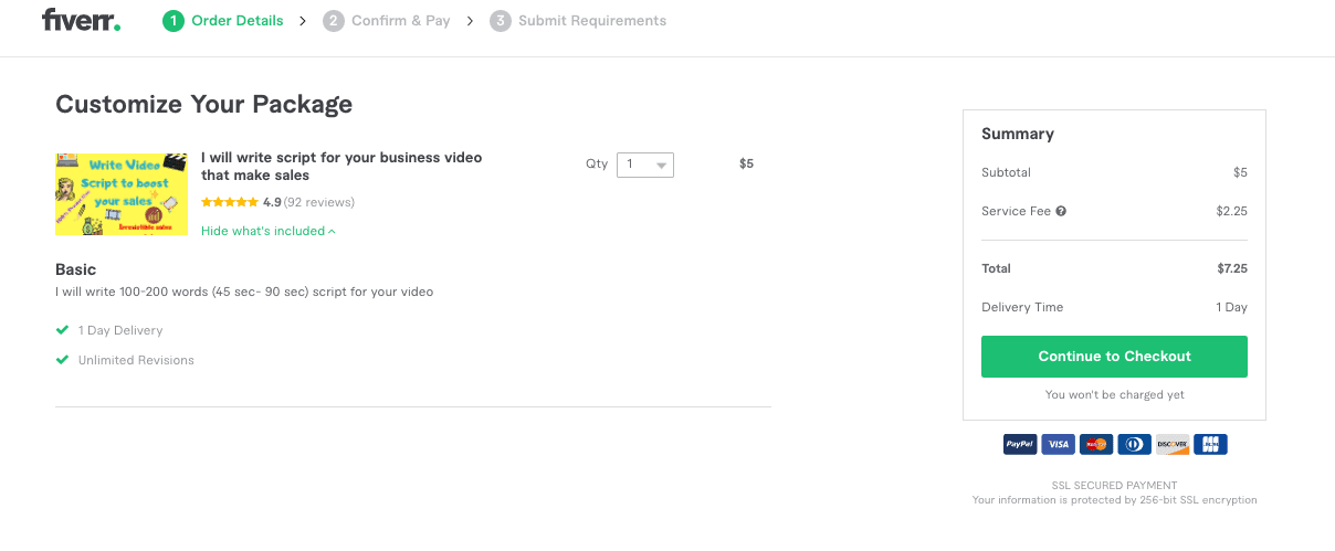 Fiverr screenshot - how to customize your package before proceeding to checkout.