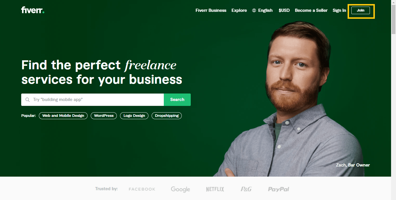 Fiverr screenshot - homepage join button