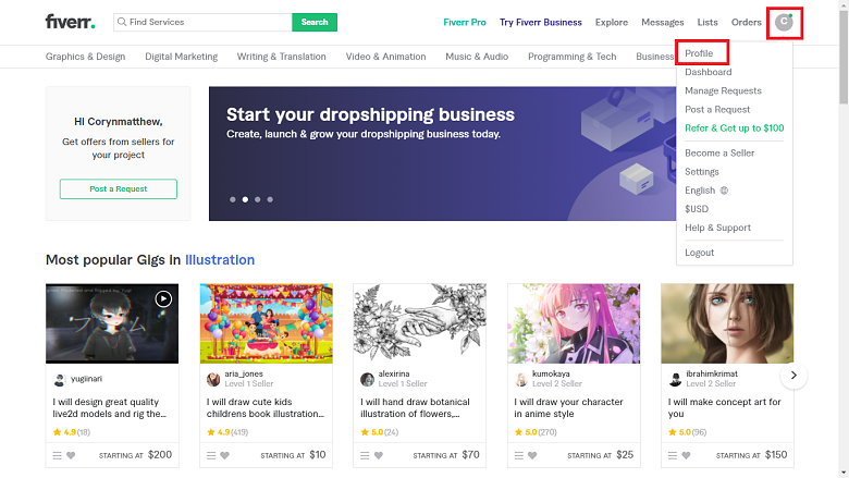 Fiverr screenshot - seller main page