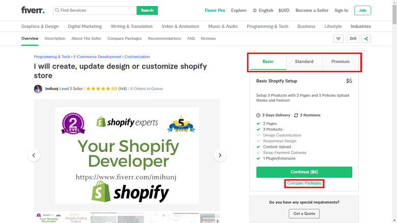 Fiverr screenshot - package tabs and compare packages button