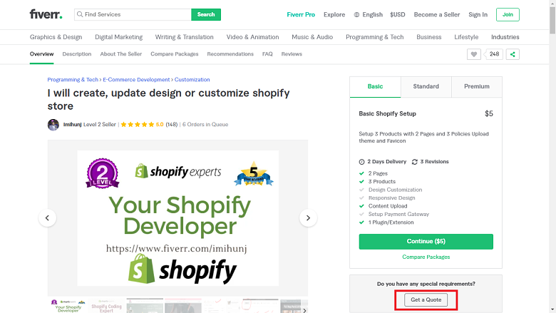 Fiverr screenshot - get a quote button