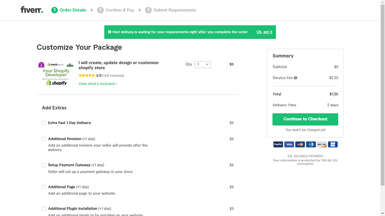 Fiverr screenshot - continue to checkout button