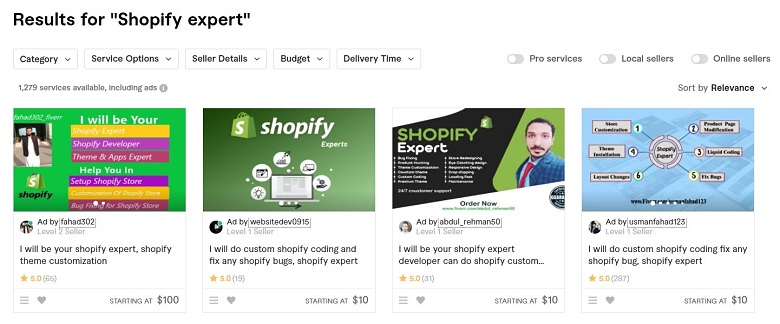 Fiverr screenshot - shopify experts