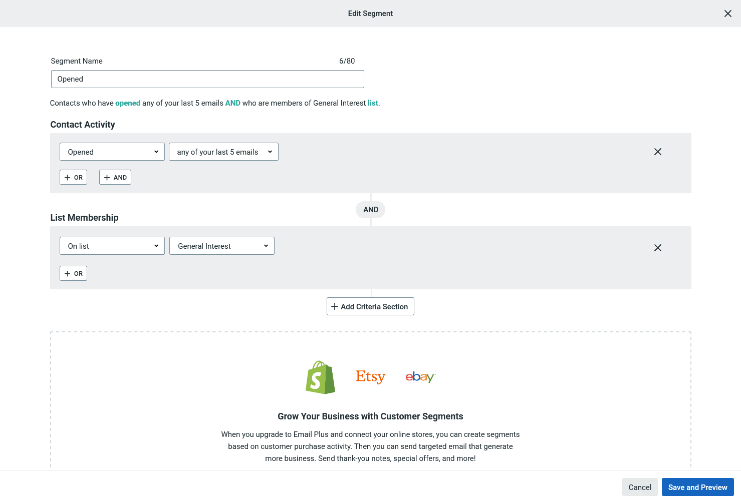 Constant Contact's segmentation interface