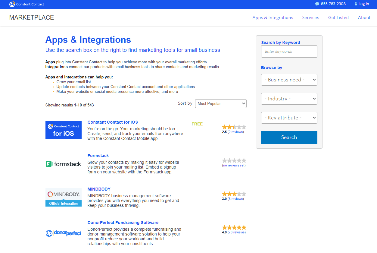 Constant Contact's integrations marketplace