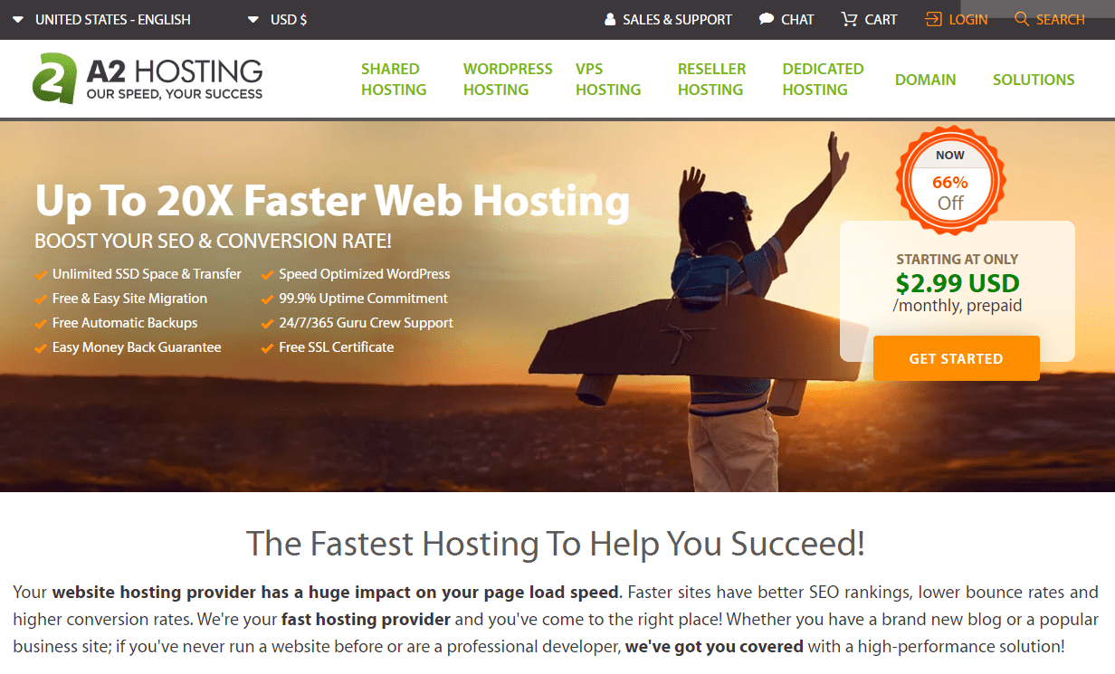 A2 Hosting homepage