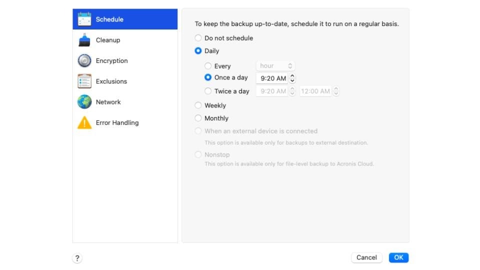 Acronis True Image 2021's backup scheduling tool