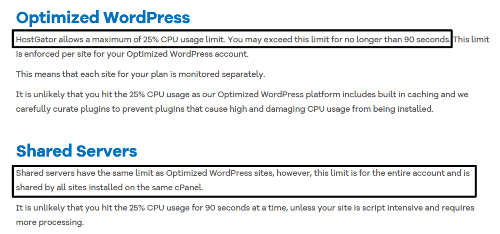 HostGator Terms of Service - CPU usage limits and shared server limits