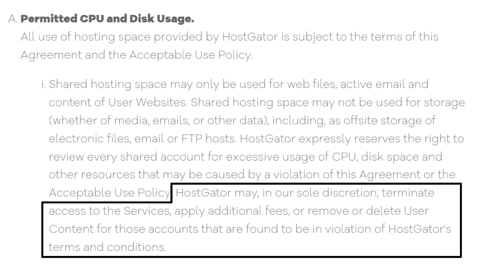 HostGator Terms of Service - permitted CPU and disk usage