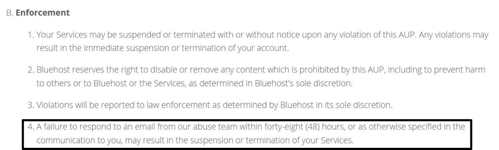 Bluehost Terms of Service - suspension or termination of account